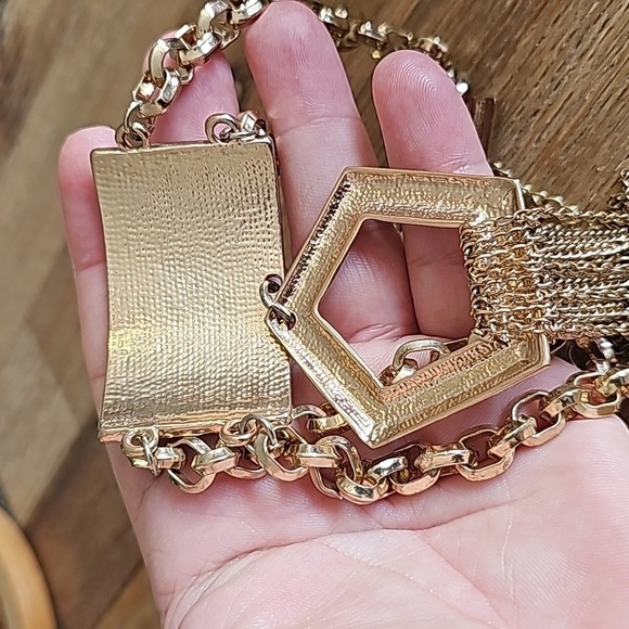 Gold Tone Double Cranky Fringe Choker Bondage Necklace - Picture 8 of 10